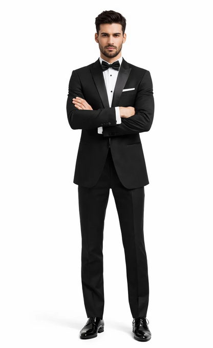 Mens 1 Button Peak Lapel Tuxedo in Black