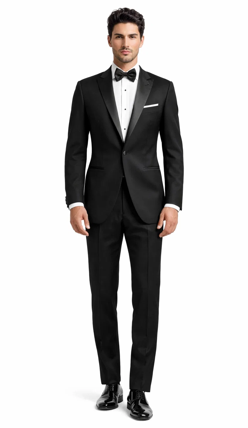 Mens 1 Button Peak Lapel Tuxedo in Black