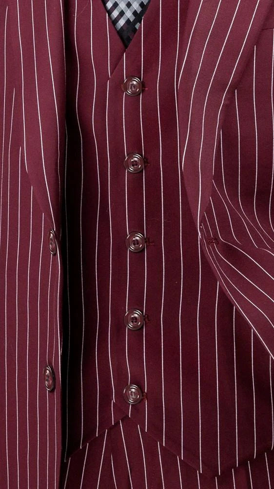 Men's 1920s Gangster Stripe Suit Burgundy Vest Wedding F-V2RS9