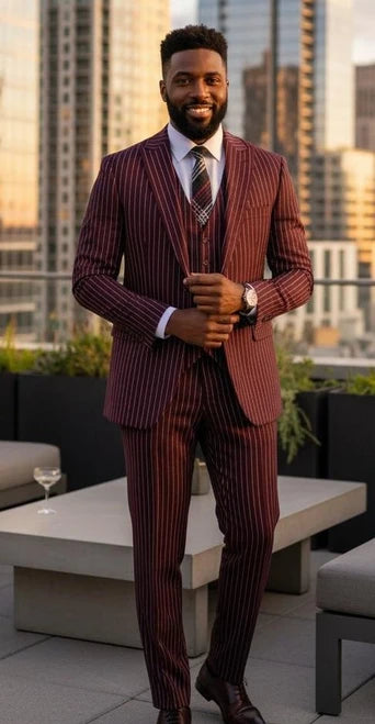 Men's 1920s Gangster Stripe Suit Burgundy Vest Wedding F-V2RS9