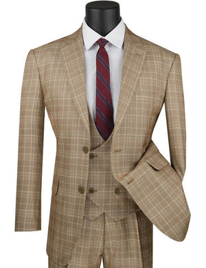 Mens 1930s Camel Plaid 3 Piece Suit Three Piece 1920s Low Cut Vest Vinci V2RW-7