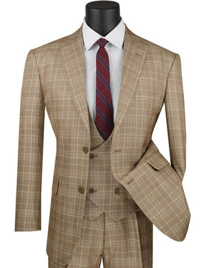 Harlem Nights Suits for Men - Mens 1930s Camel Plaid 3 Piece Suit Three Piece 1920s Low Cut Vest Vinci V2RW-7