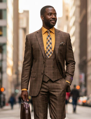 Mens 1930s Chestnut Brown Plaid 3 Piece Dress Suit 1920s Fancy Vest V2RW-7