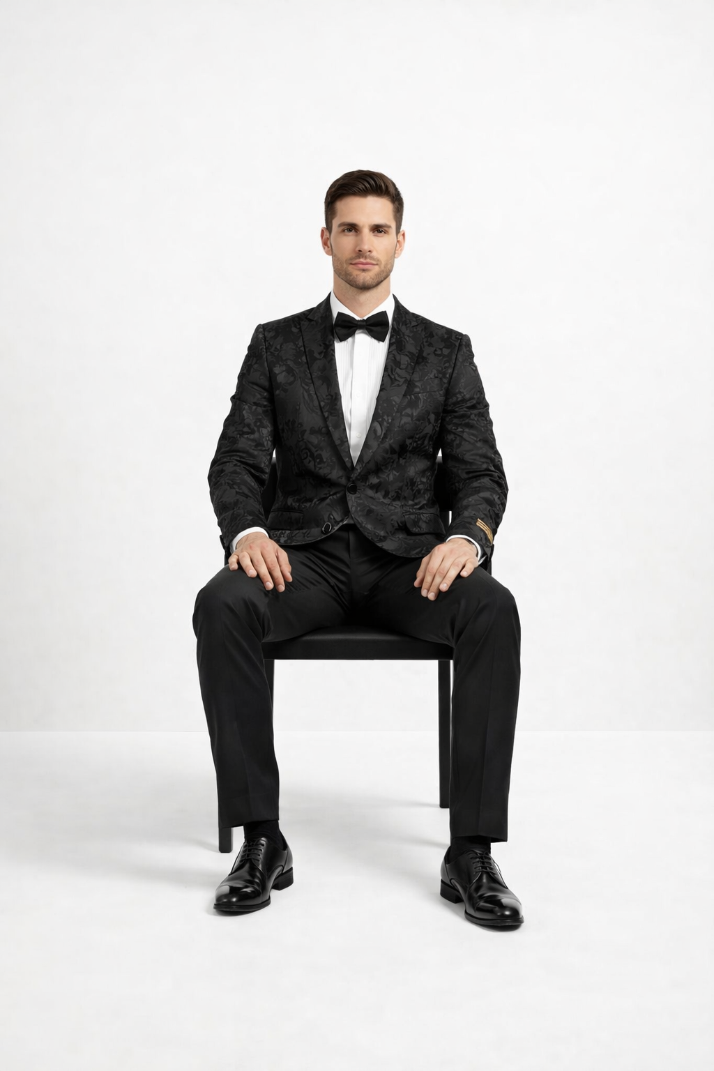 Mens 2 Button Black Shiny Floral Paisley Prom and Wedding Blazer