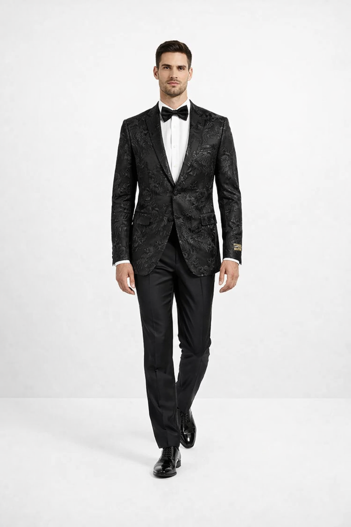 Mens 2 Button Black Shiny Floral Paisley Prom and Wedding Blazer