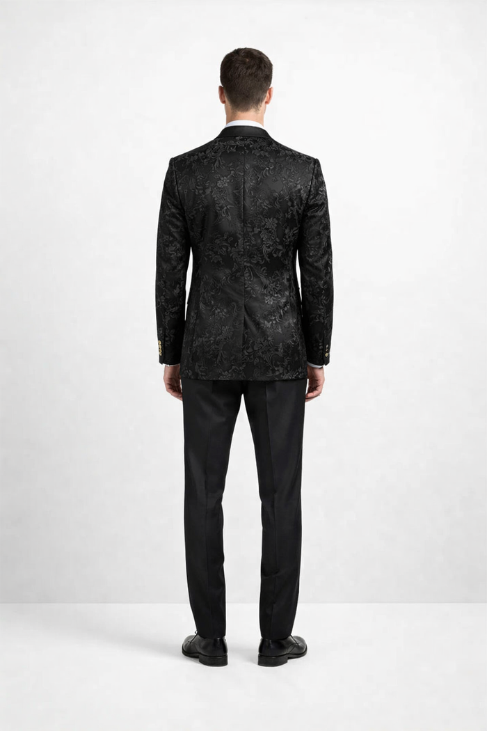 Mens 2 Button Black Shiny Floral Paisley Prom and Wedding Blazer