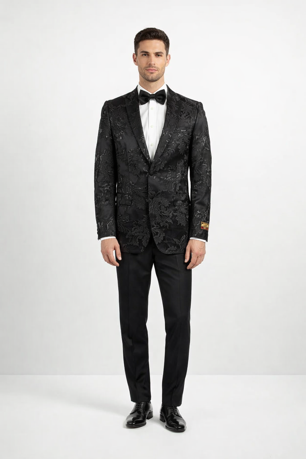 Mens 2 Button Black Shiny Floral Paisley Prom and Wedding Blazer