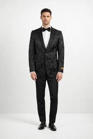 Mens 2 Button Black Shiny Floral Paisley Prom and Wedding Blazer