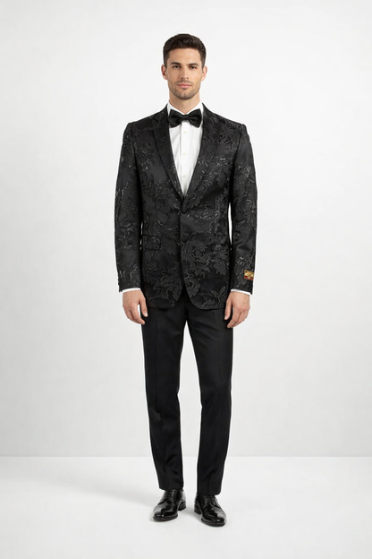 Mens 2 Button Black Shiny Floral Paisley Prom and Wedding Blazer