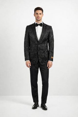 Mens 2 Button Black Shiny Floral Paisley Prom and Wedding Blazer