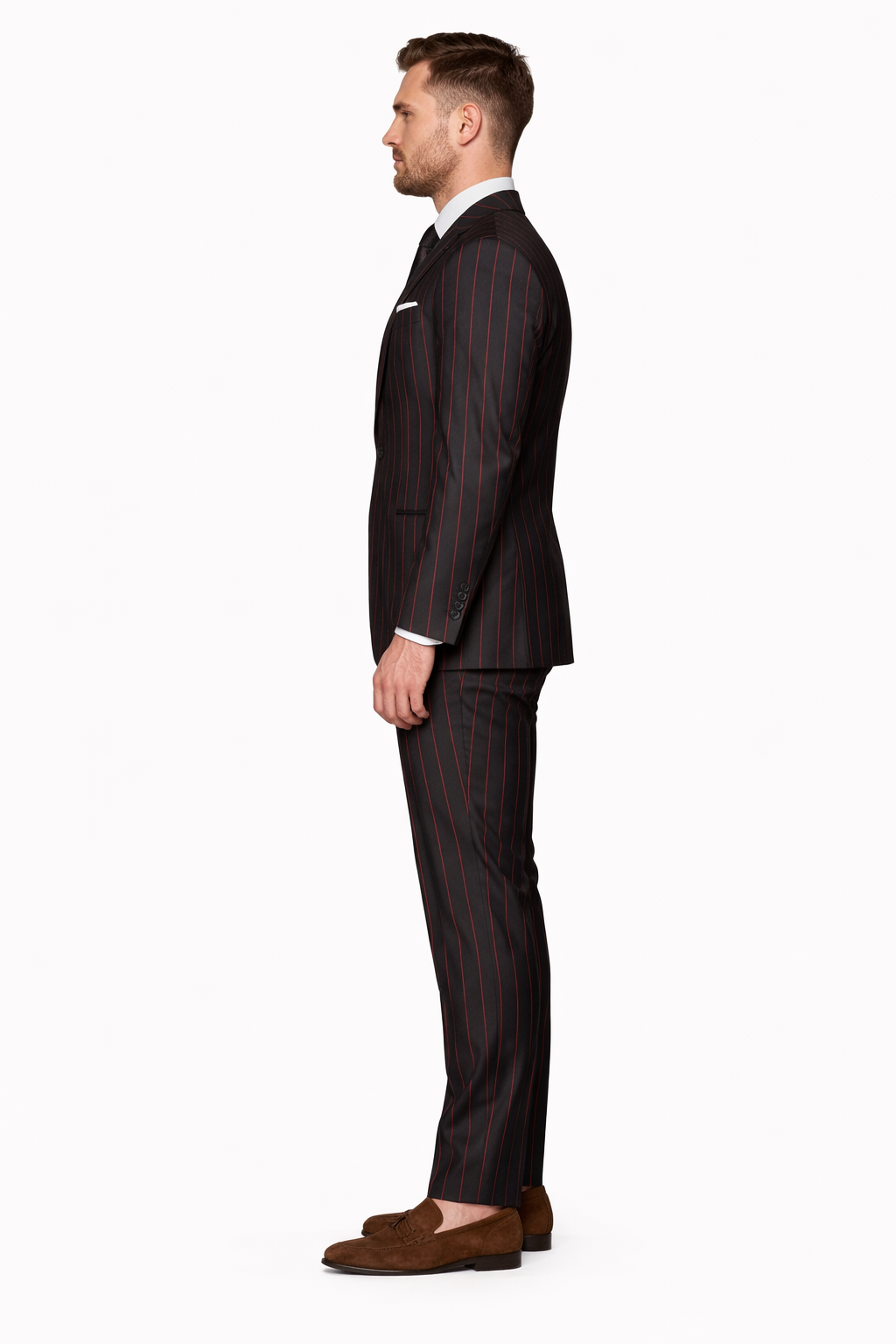 Mens 2 button Gangster Pinstripe Suit in Black & Red