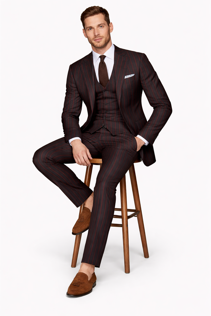 Mens 2 button Gangster Pinstripe Suit in Black & Red