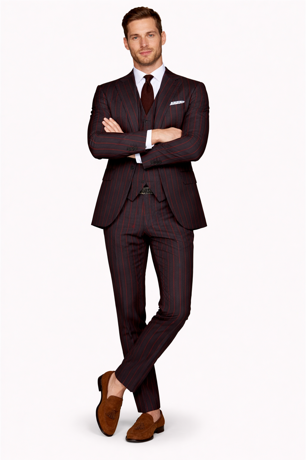 Mens 2 button Gangster Pinstripe Suit in Black & Red