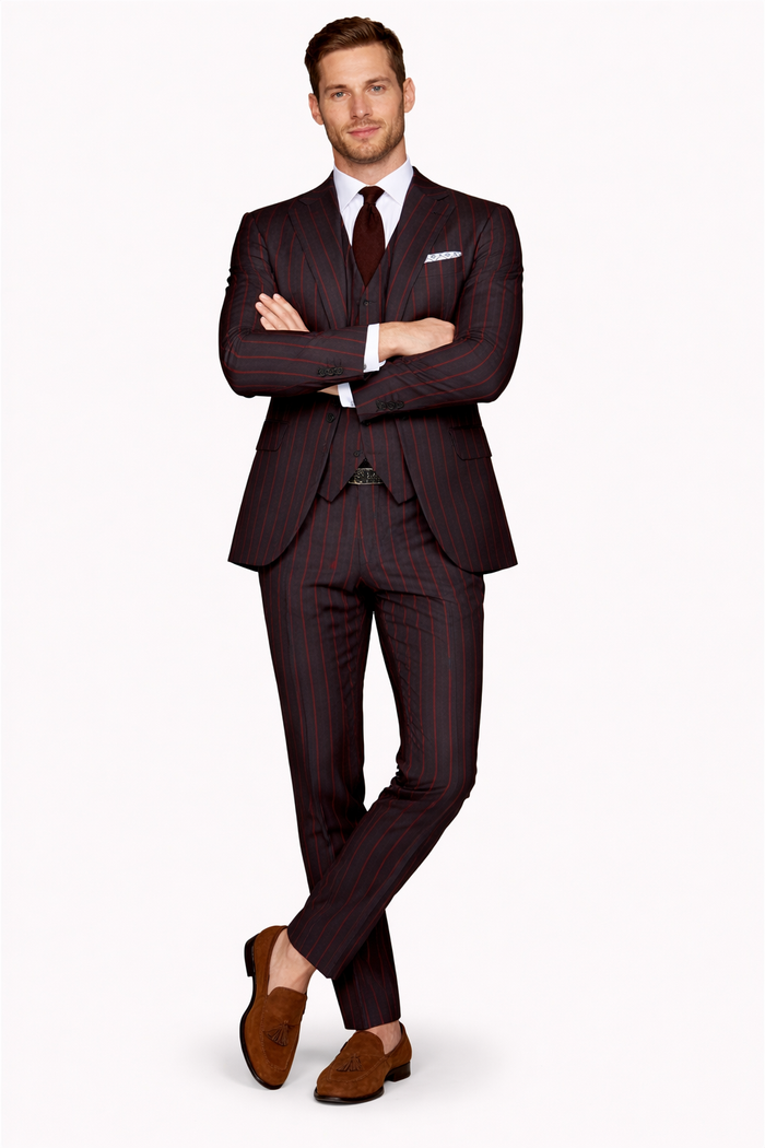 Mens 2 button Gangster Pinstripe Suit in Black & Red
