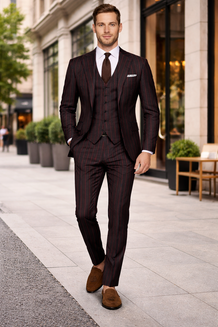 Mens 2 button Gangster Pinstripe Suit in Black & Red