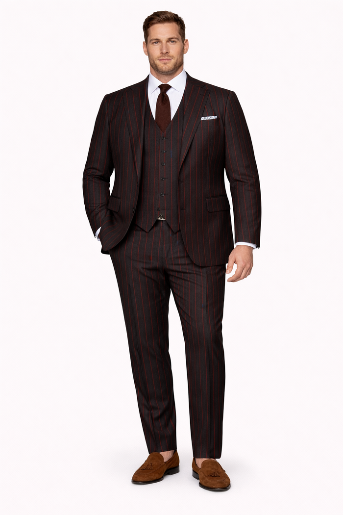 Mens 2 button Gangster Pinstripe Suit in Black & Red