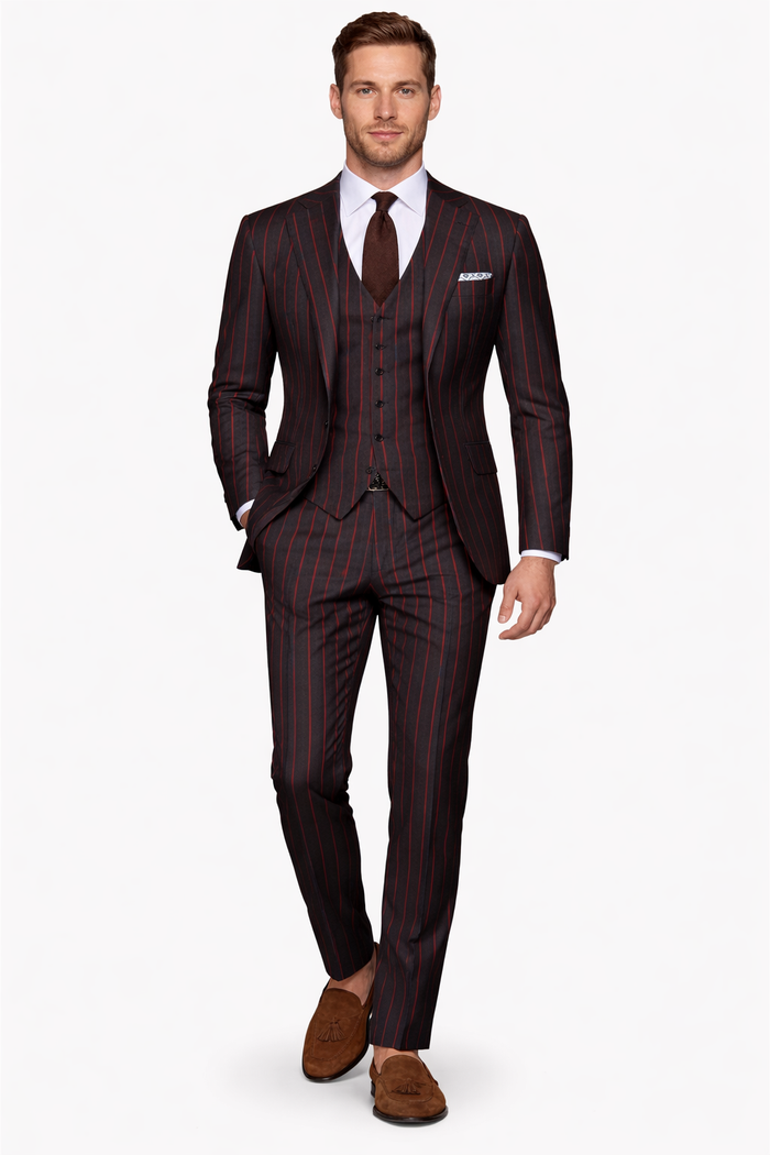Mens 2 button Gangster Pinstripe Suit in Black & Red