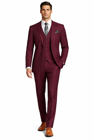 Mens 2 Button Gangster Pinstripe Suit in Burgundy