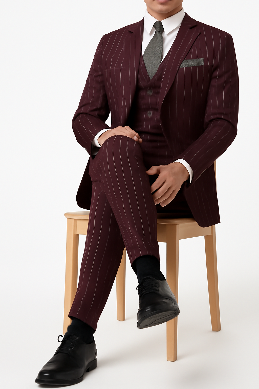 Mens 2 Button Gangster Pinstripe Suit in Burgundy