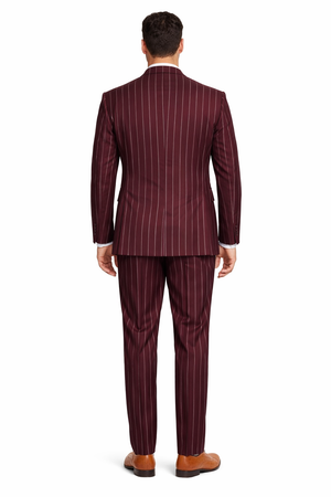 Mens 2 Button Gangster Pinstripe Suit in Burgundy