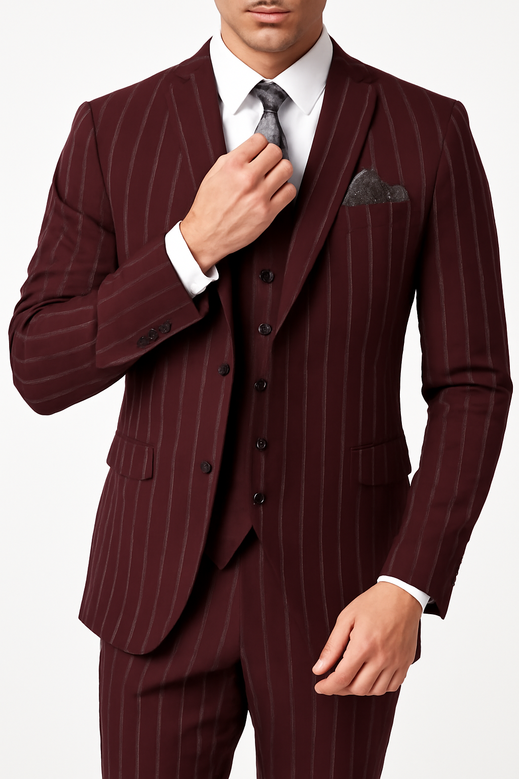 Mens 2 Button Gangster Pinstripe Suit in Burgundy