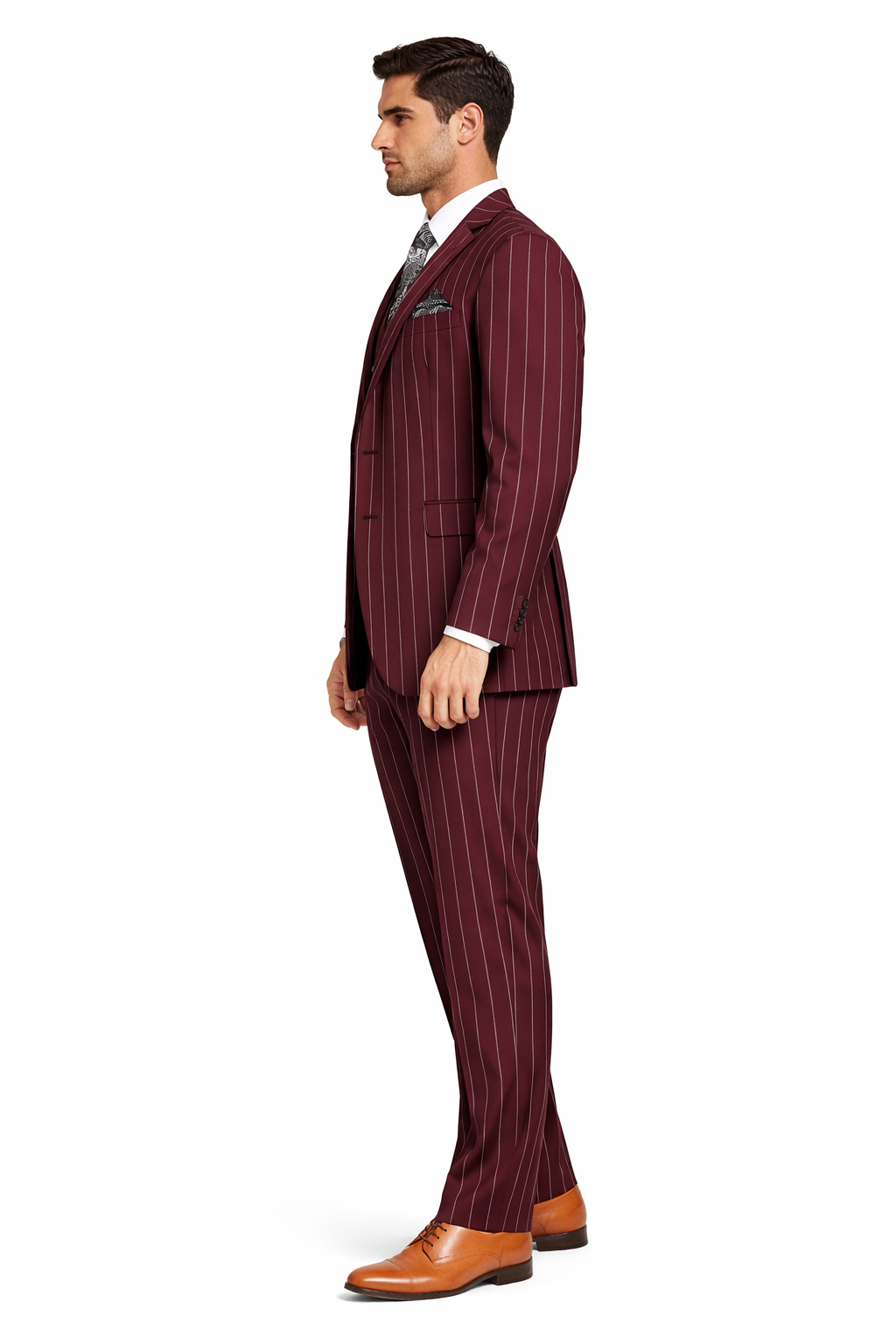 Mens 2 Button Gangster Pinstripe Suit in Burgundy