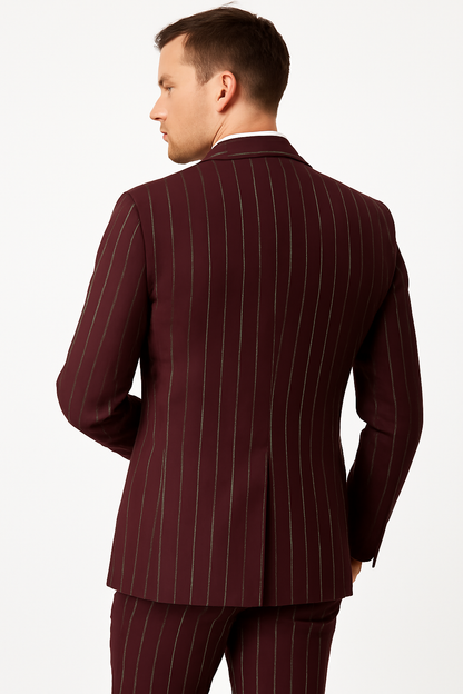 Mens 2 Button Gangster Pinstripe Suit in Burgundy