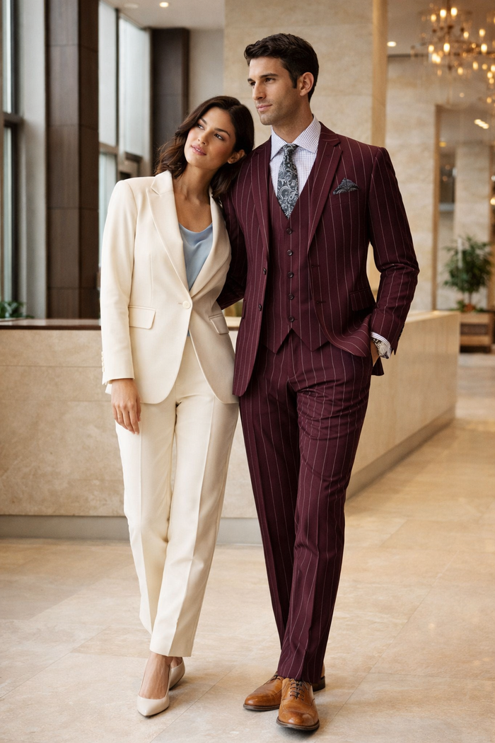 Mens 2 Button Gangster Pinstripe Suit in Burgundy