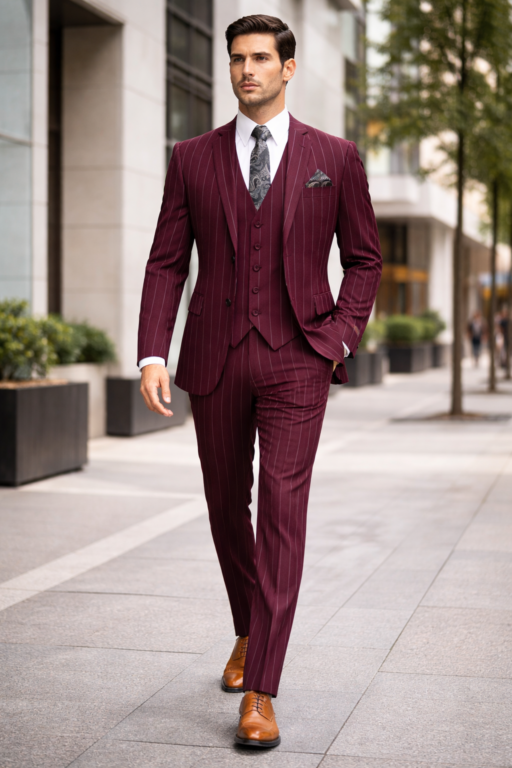 Mens 2 Button Gangster Pinstripe Suit in Burgundy