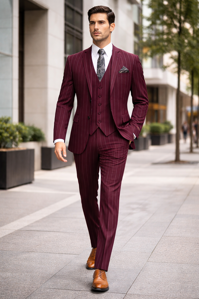 Mens 2 Button Gangster Pinstripe Suit in Burgundy