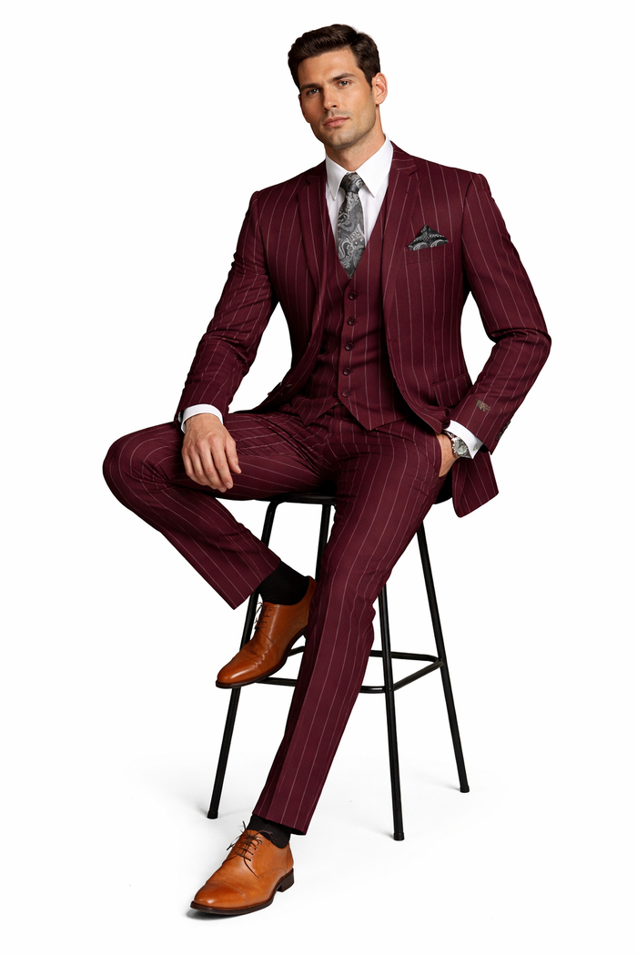 Mens 2 Button Gangster Pinstripe Suit in Burgundy