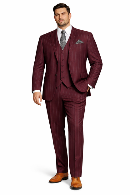 Mens 2 Button Gangster Pinstripe Suit in Burgundy