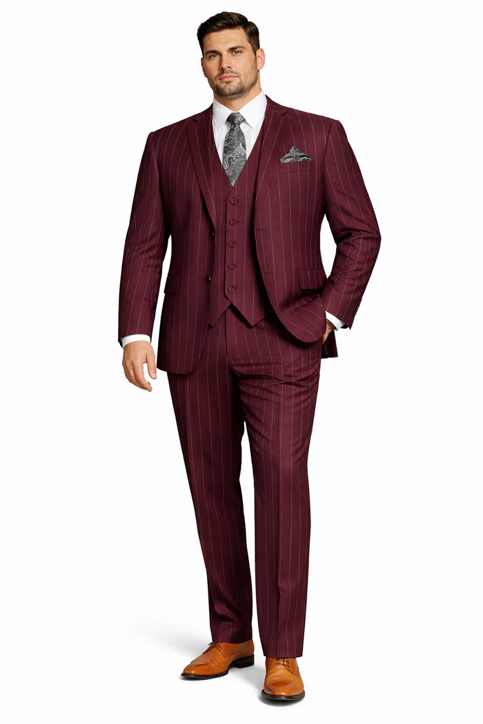 Mens 2 Button Gangster Pinstripe Suit in Burgundy