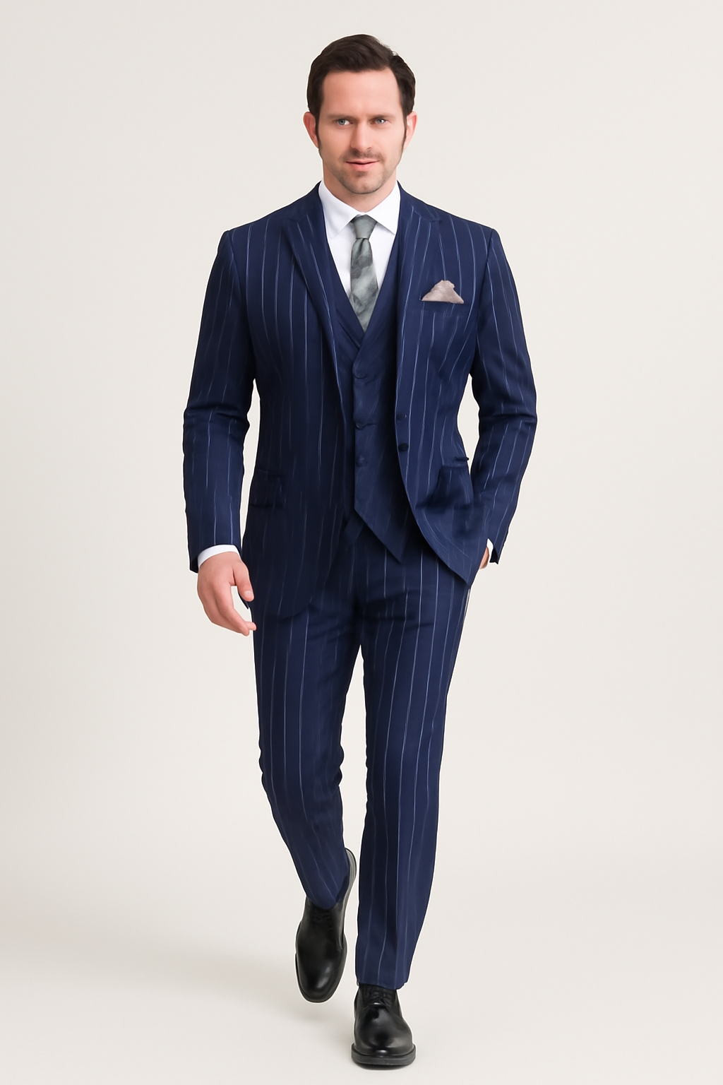 Mens 2 Button Gangster Pinstripe Suit in Dark Navy