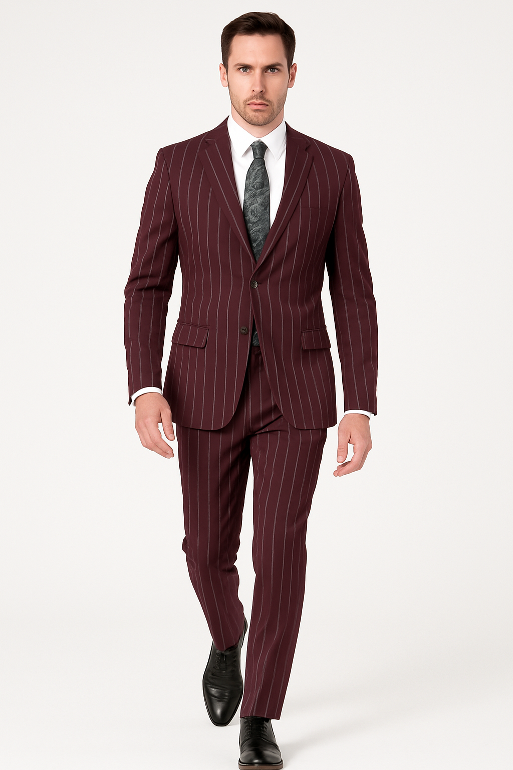 Mens 2 Button Gangster Pinstripe Suit in BLACK / GREY / BURGUNDY