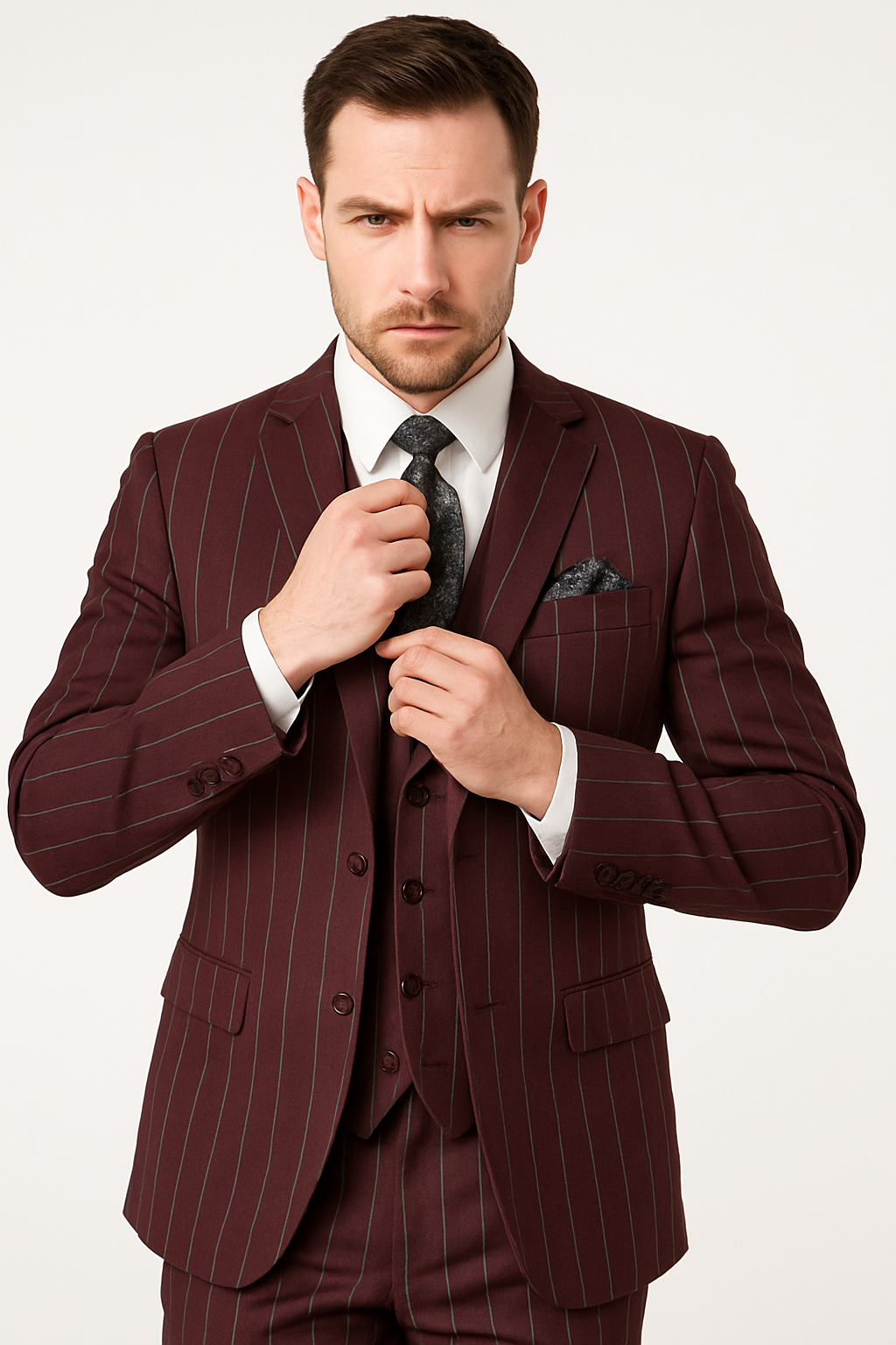 Mens 2 Button Gangster Pinstripe Suit in BLACK / GREY / BURGUNDY