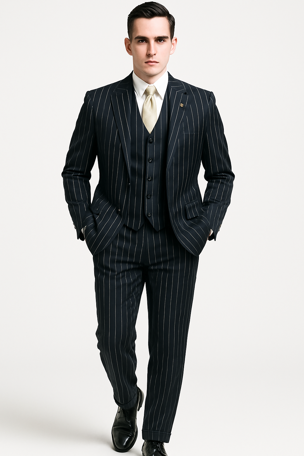 Mens 2 Button Gangster Pinstripe Suit in BLACK / GREY / BURGUNDY