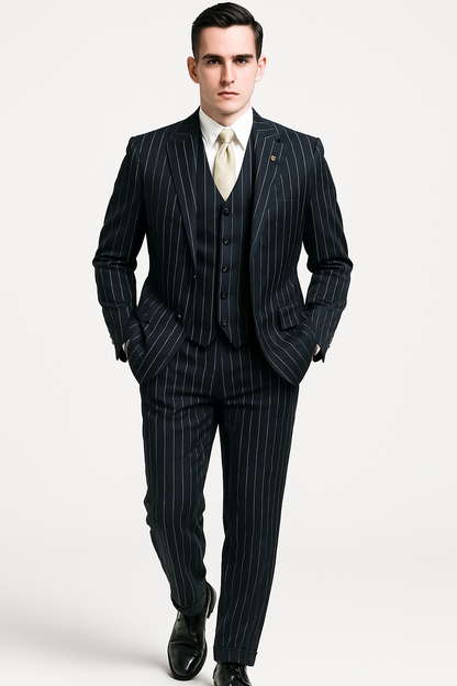 Mens 2 Button Gangster Pinstripe Suit in BLACK / GREY / BURGUNDY