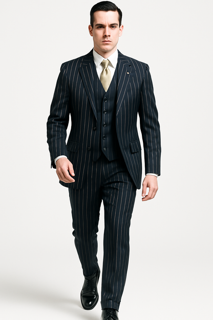 Mens 2 Button Gangster Pinstripe Suit in BLACK / GREY / BURGUNDY