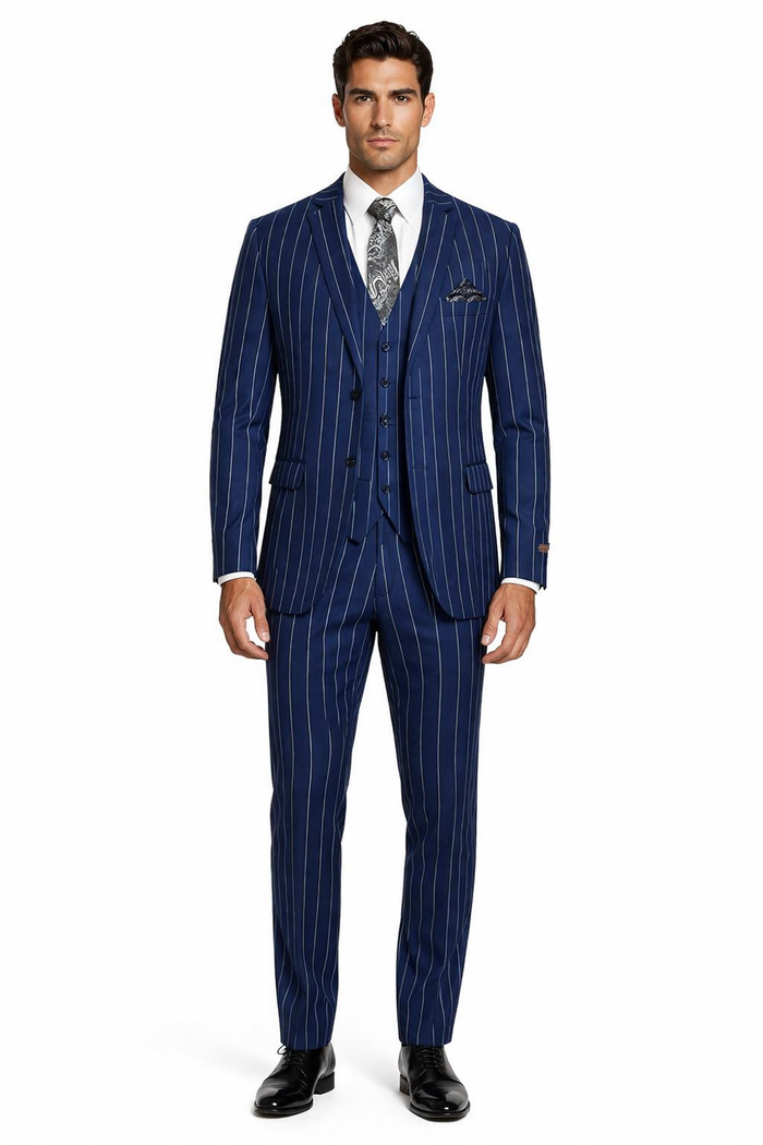 Mens 2 Button Gangster Pinstripe Suit in / NAVY ONLY