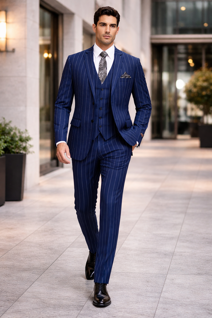 Mens 2 Button Gangster Pinstripe Suit in / NAVY ONLY