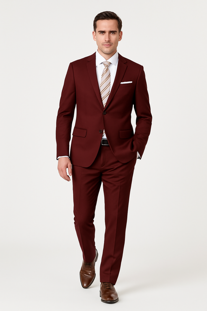 Mens 2 Button Modern Fit Suit Burgundy