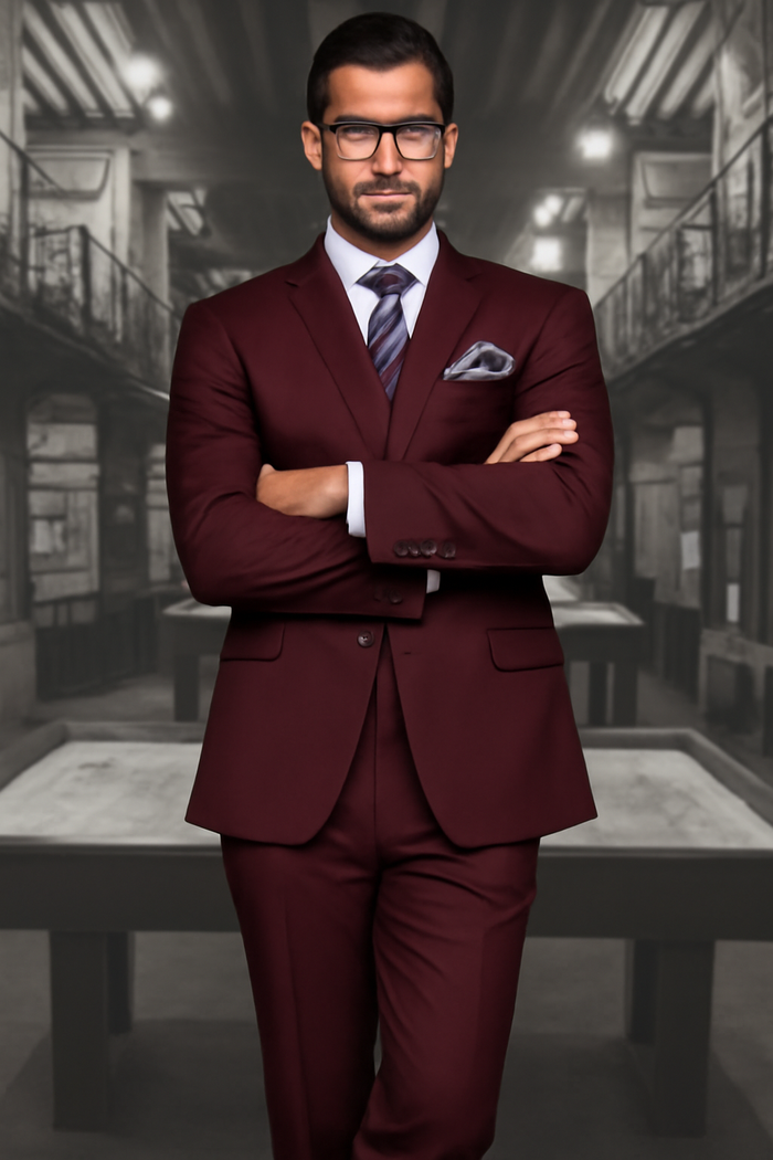 Mens 2 Button Modern Fit Vested Wool Suit in Burgundy