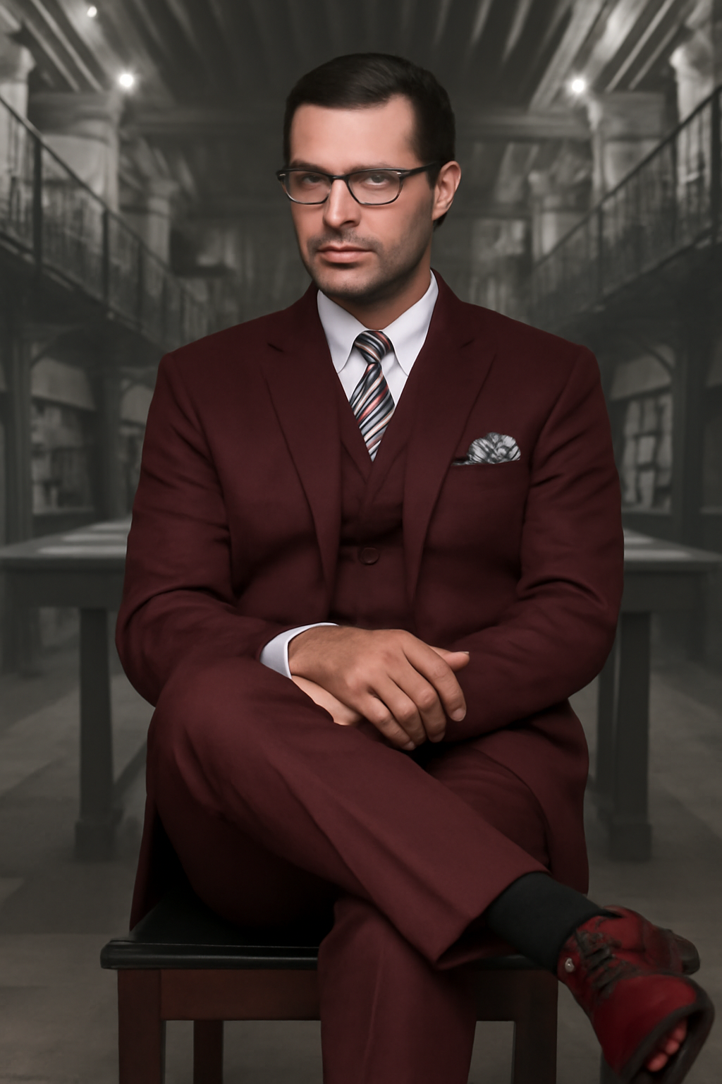 Mens 2 Button Modern Fit Vested Wool Suit in Burgundy