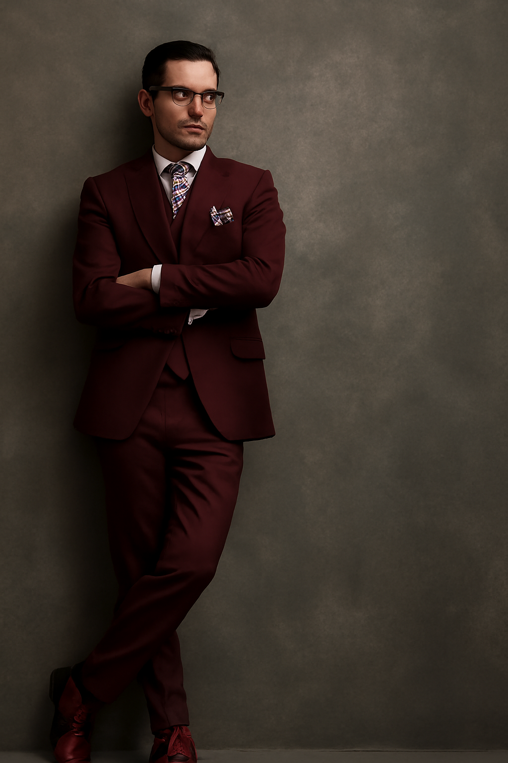 Mens 2 Button Modern Fit Vested Wool Suit in Burgundy