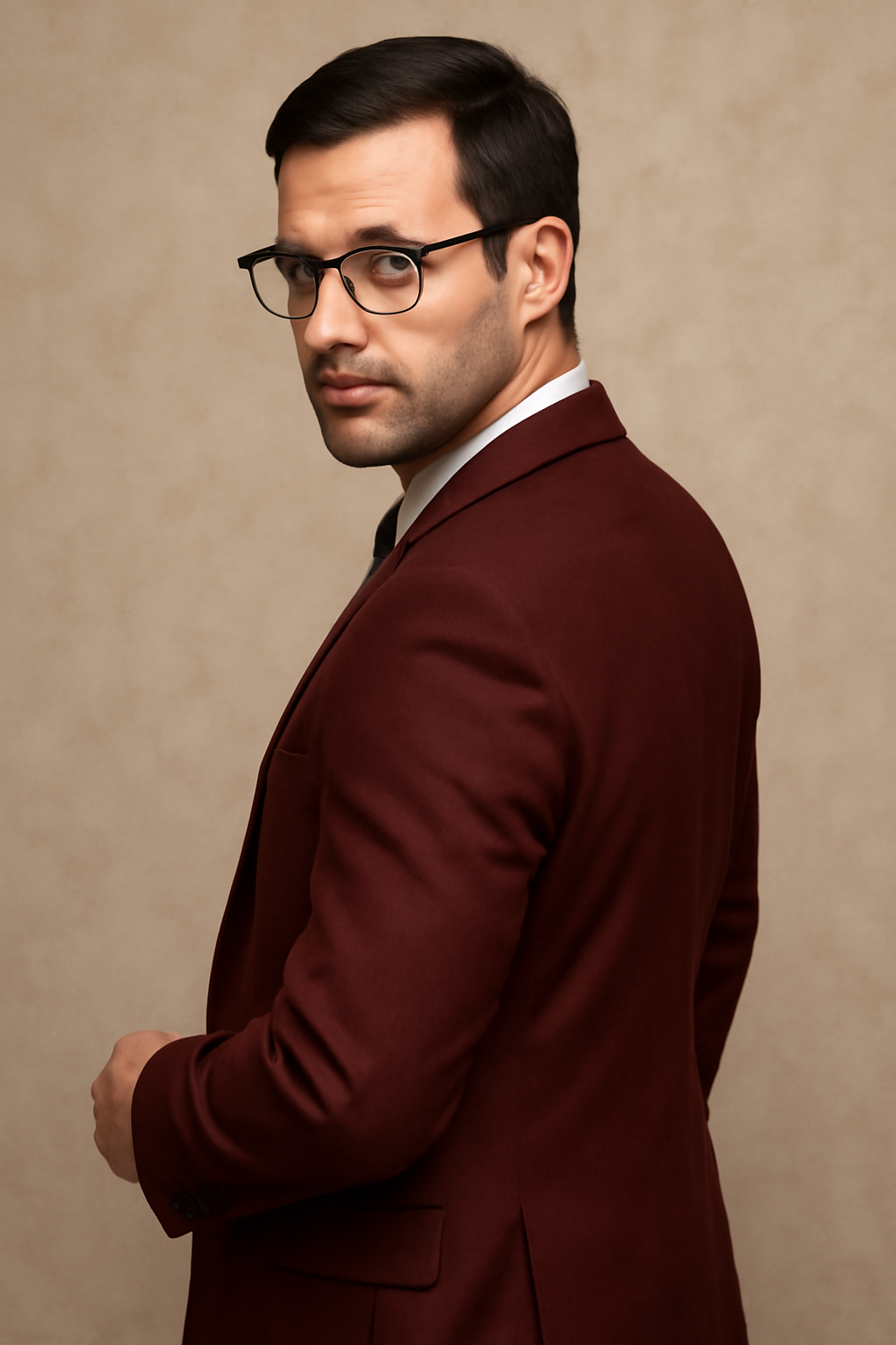 Mens 2 Button Modern Fit Vested Wool Suit in Burgundy