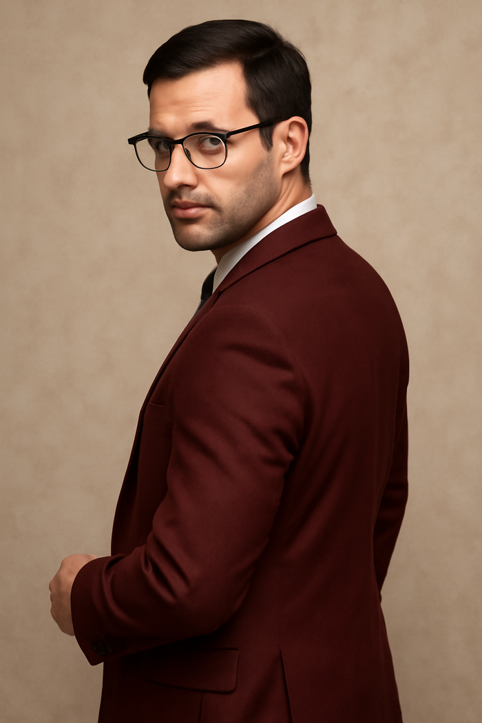 Mens 2 Button Modern Fit Vested Wool Suit in Burgundy