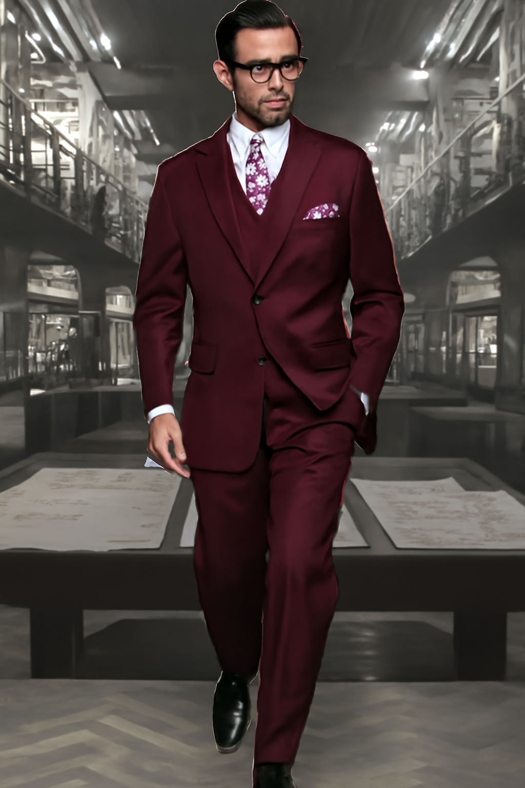 Mens 2 Button Modern Fit Vested Wool Suit in Burgundy