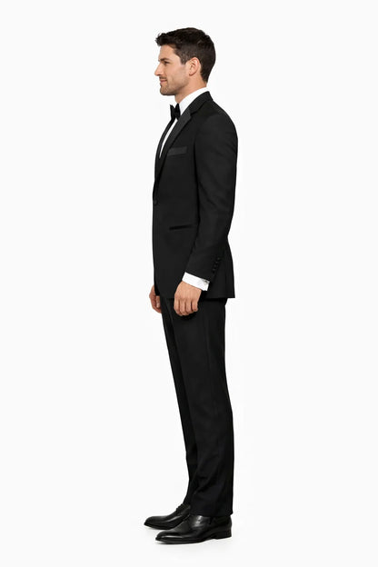Mens 2 Button Modern Fit Vested Wool Tuxedo in Black