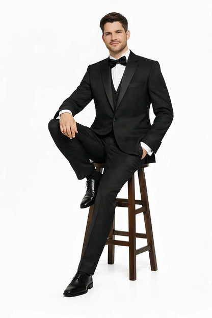 Mens 2 Button Modern Fit Vested Wool Tuxedo in Black